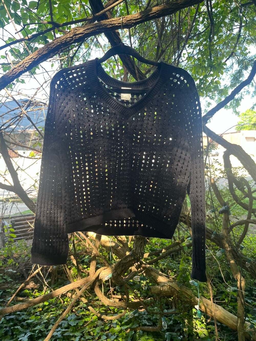 Wild Fable Black Open Knit Crochet V-Neck Sweater XXL